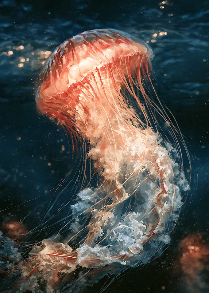 Glowing Red Jellyfish in Deep Ocean