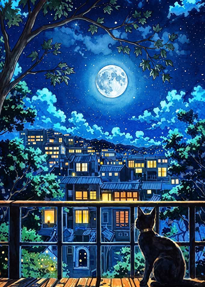 Cat Moon Night Anime City Poster