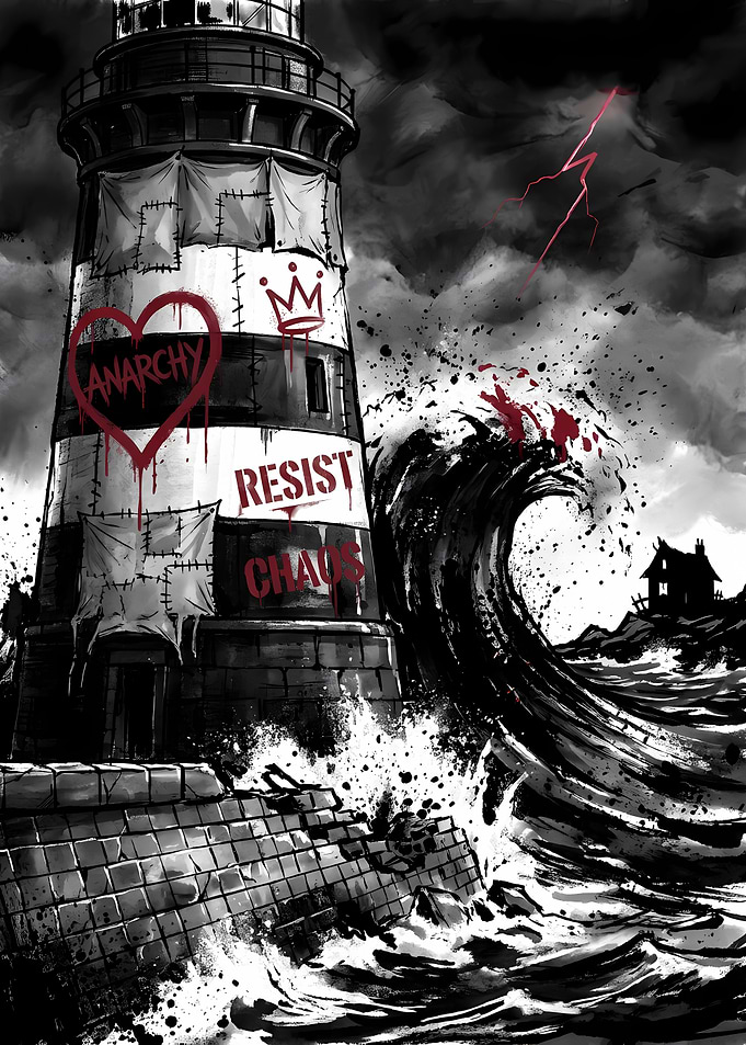 Graffiti Lighthouse in Stormy Sea