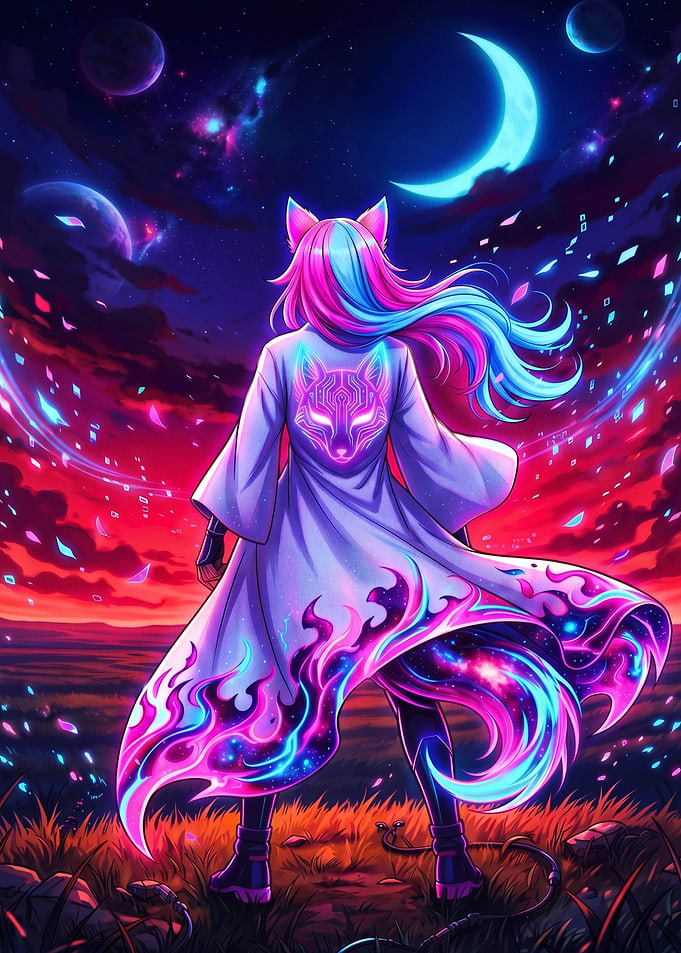 Neon Fox Spirit in Cosmic Landscape