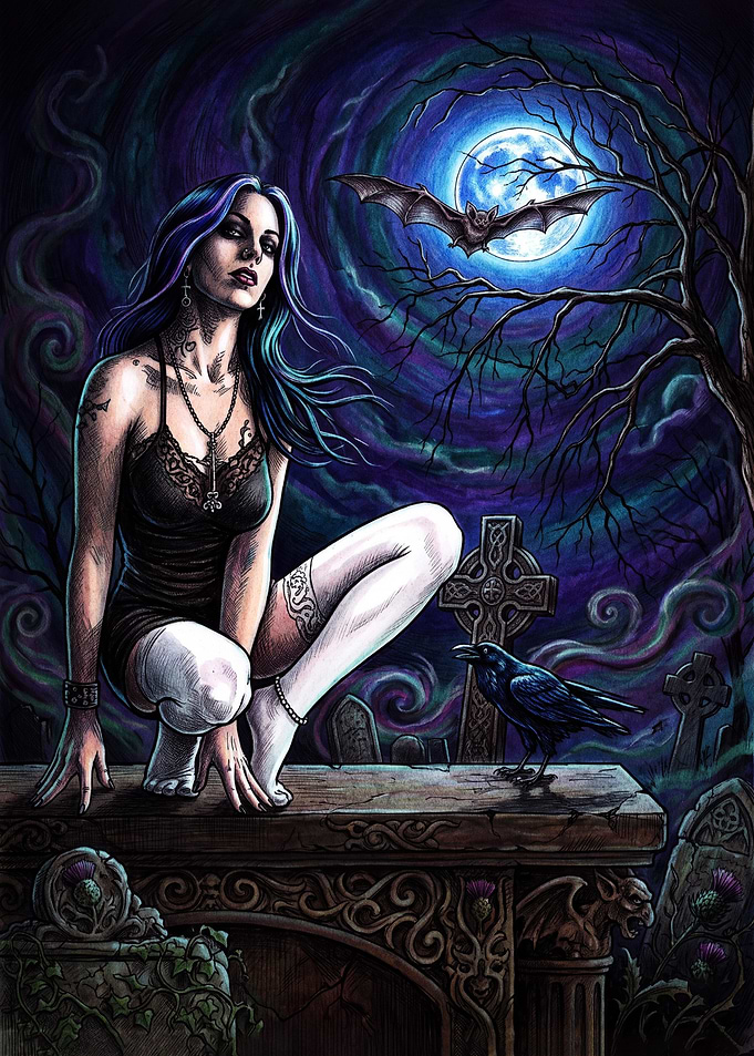 Gothic Woman in Moonlight Cemetery