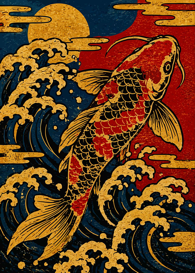 Japanese Koi Fish and Waves Art