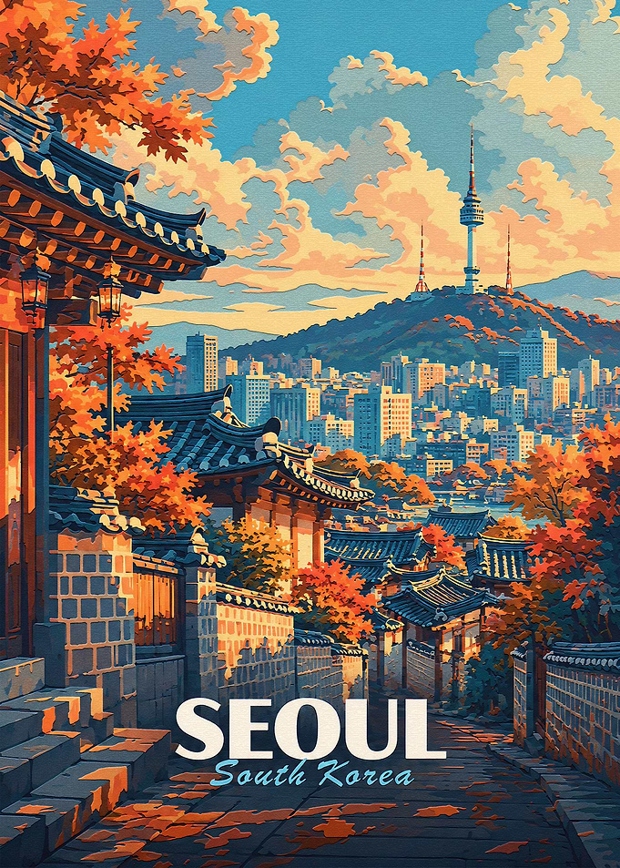 Seoul South Korea Autumn Travel Poster