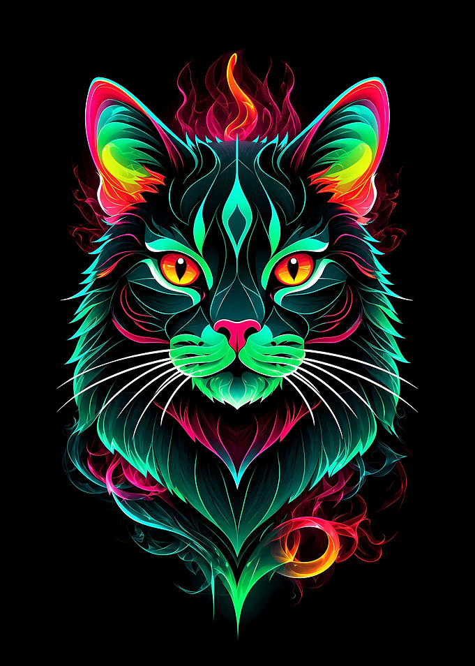 Colorful Flaming Cat Mystical Feline Fantasy Fire Artwork
