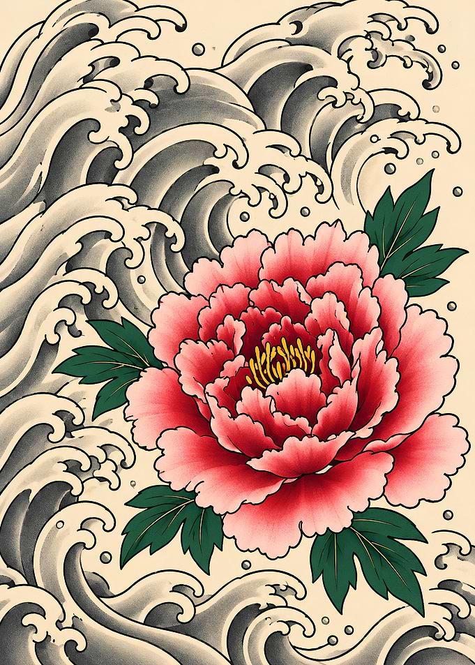 Peony Waves – Crimson Irezumi Tattoo Art