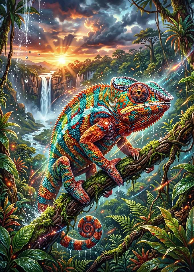 Vibrant Chameleon in Tropical Jungle