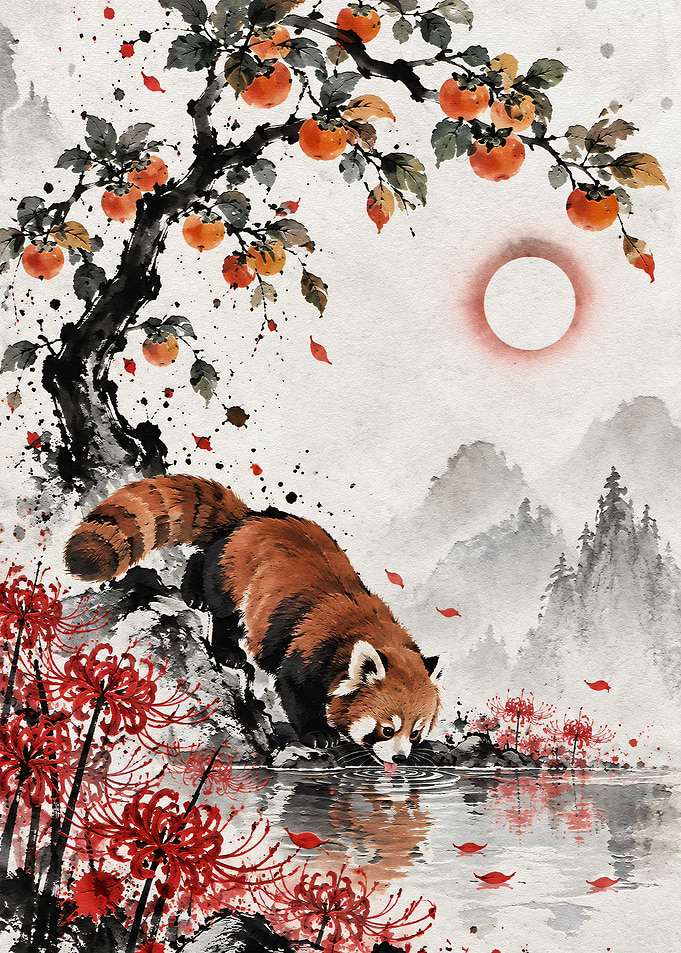 Red Panda Drinking by Water