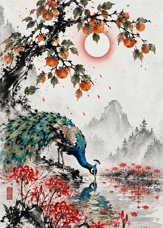 Peacock Drinking by Persimmon Tree