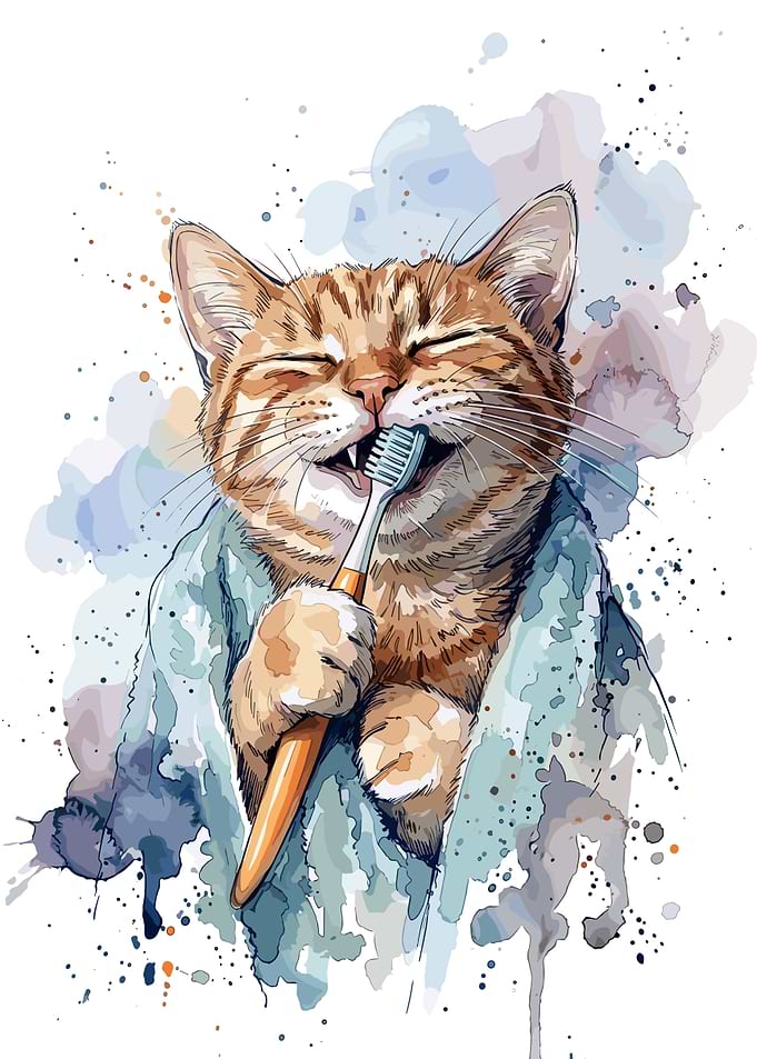 Cute Cat Brushing Teeth Watercolor Illustration