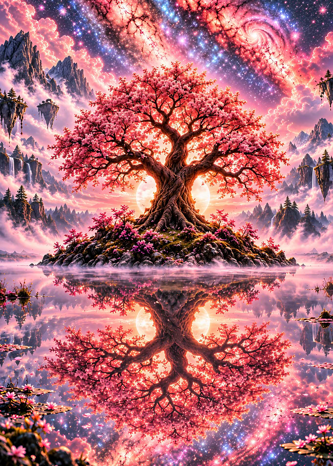 Ethereal Cherry Blossom Tree Fantasy Landscape