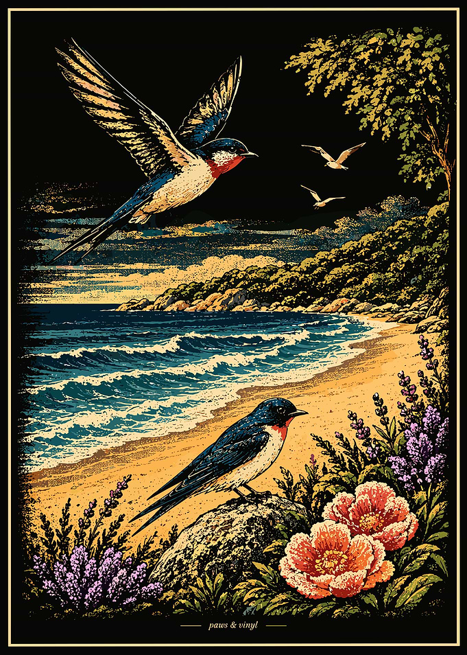 Vintage Style Swallow Bird Coastal Scene