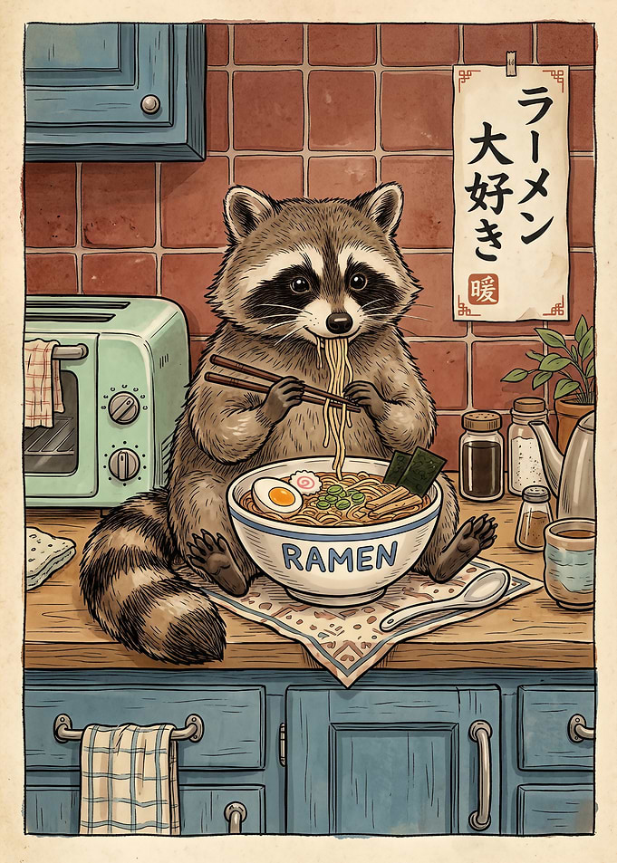 Cute Raccoon Eating Ramen Illustration