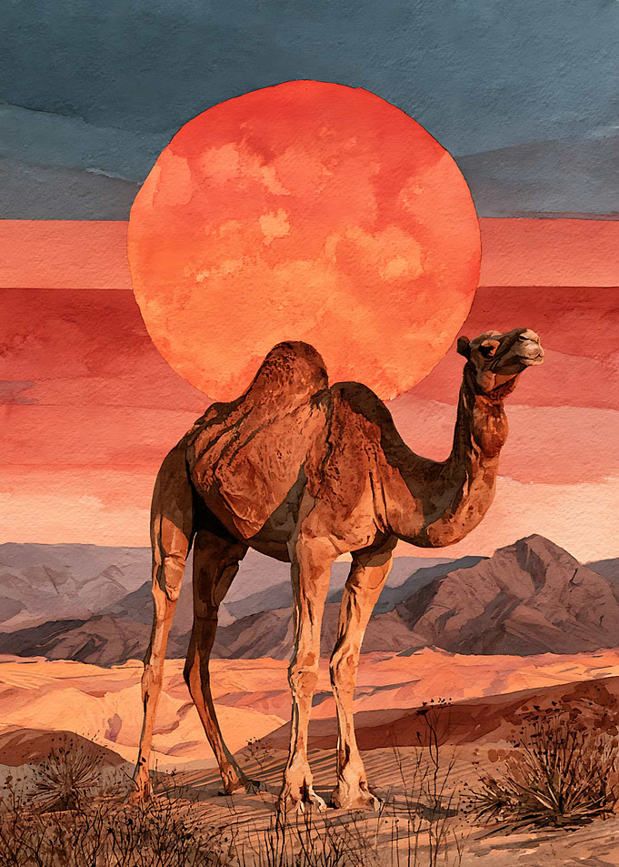 Camel Standing Before Red Sun