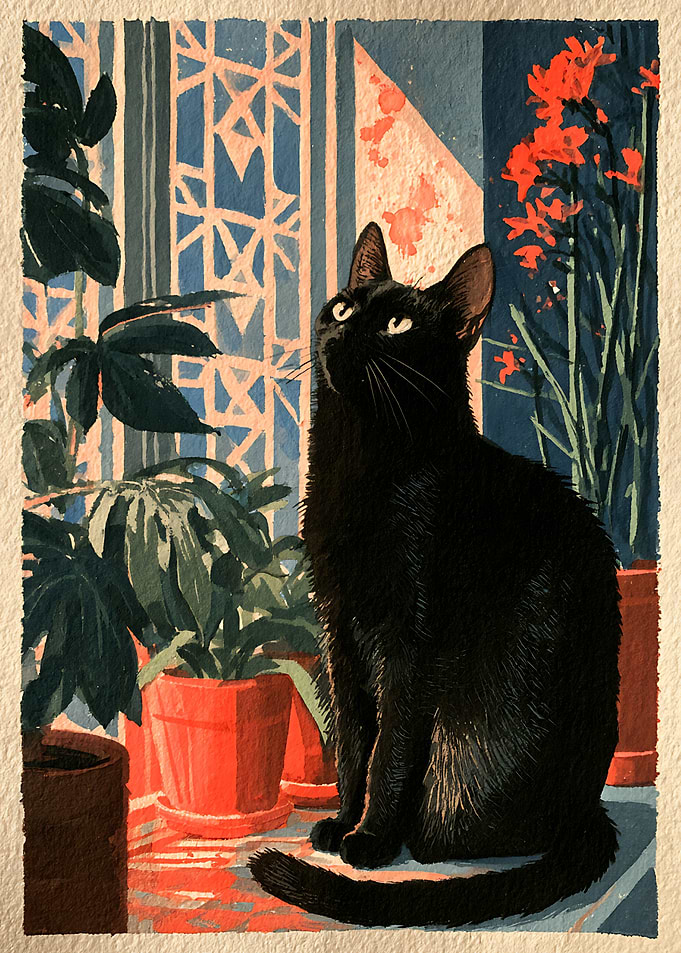 Black Cat Among Houseplants
