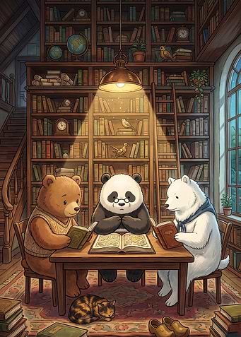 Library Bears Cozy Reading Art Post