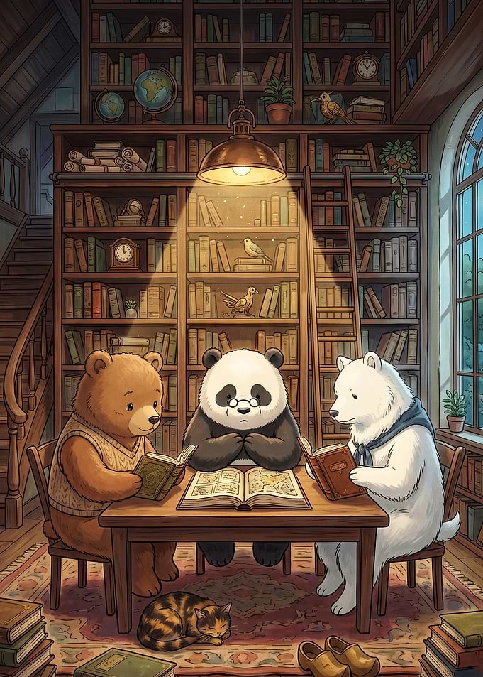 Library Bears Cozy Reading Art Post