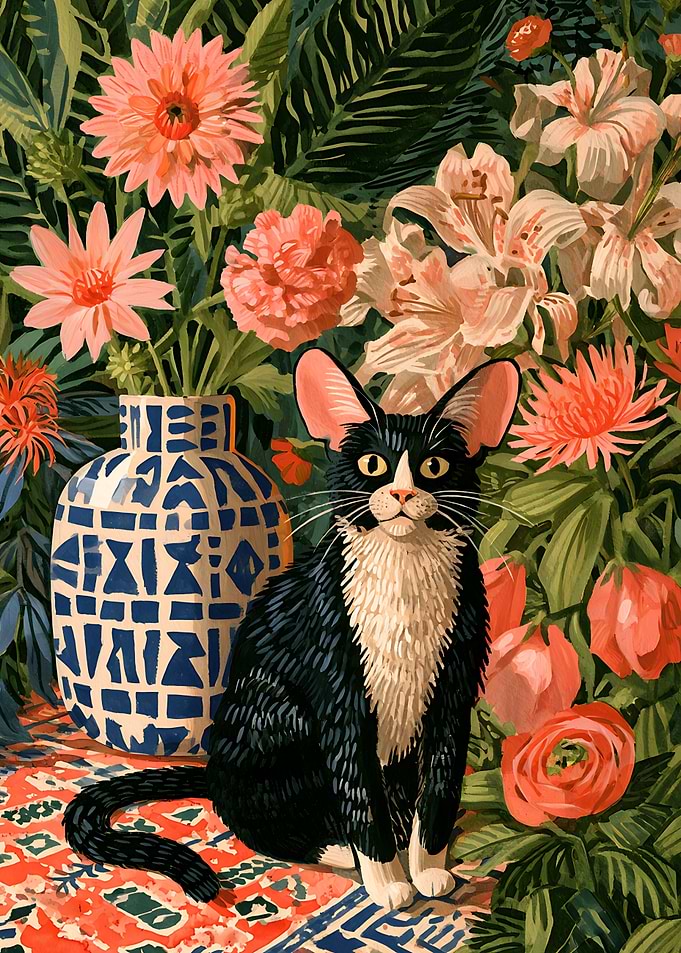 Black and White Cat Among Flowers