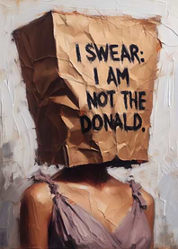 Social Satire - Woman Wearing Paper Bag Mask: I Am Not The Donald