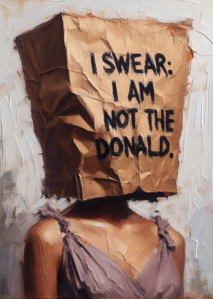 Social Satire - Woman Wearing Paper Bag Mask: I Am Not The Donald