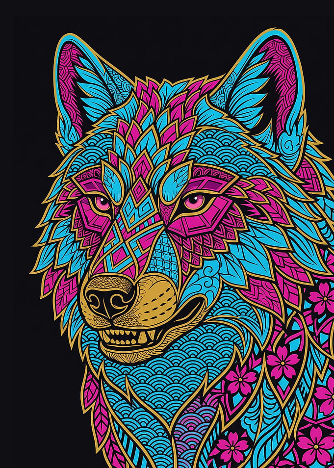 Neon Seigaiha Wolf - Japanese Wolf Head Art