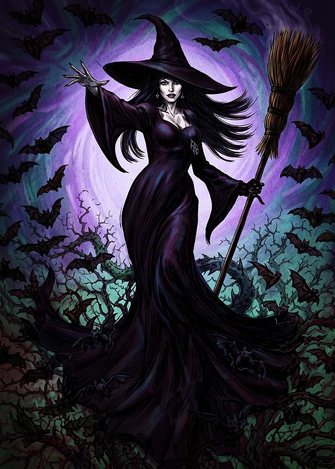 Witch with Broom and Bats