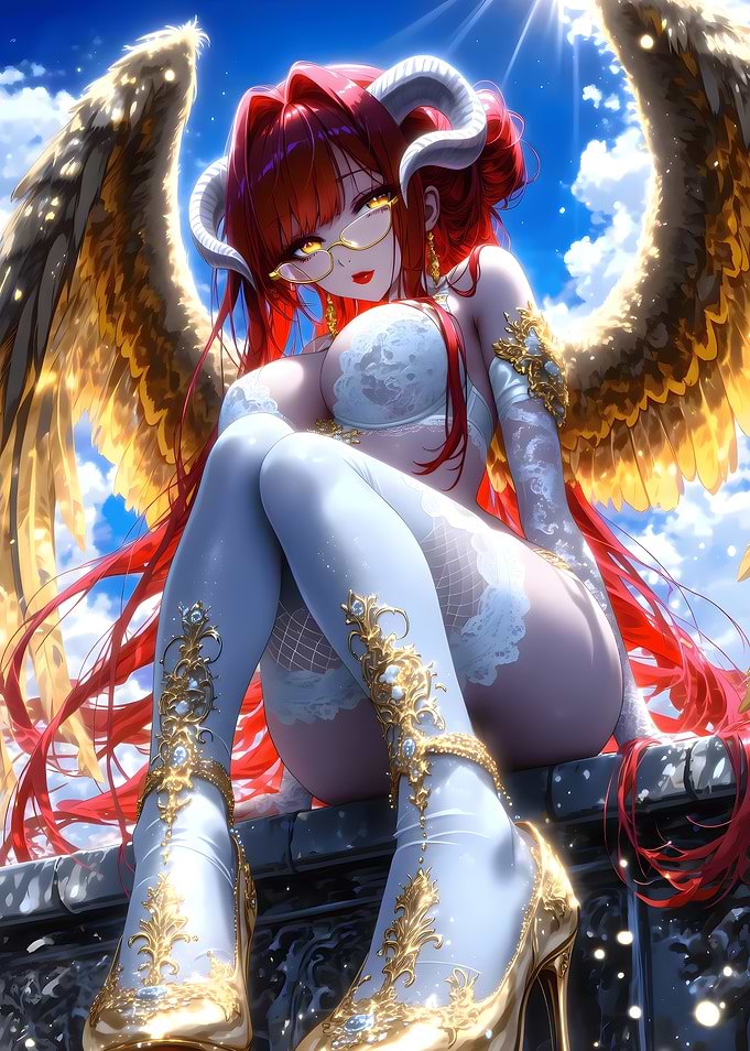 Red-Haired Angelic Demon with Golden Wings