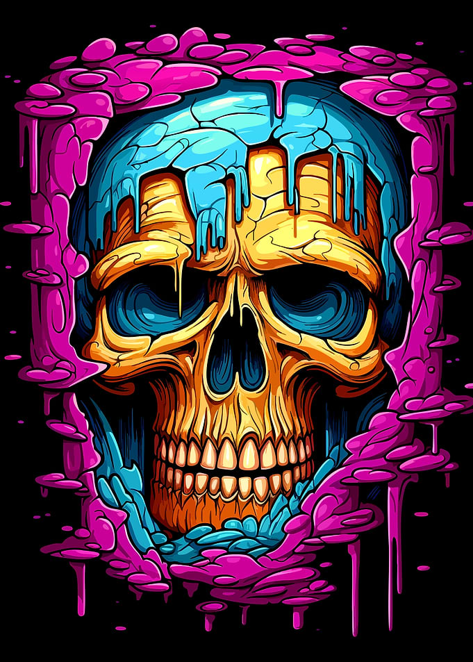 Neon Melting Skull Digital Art