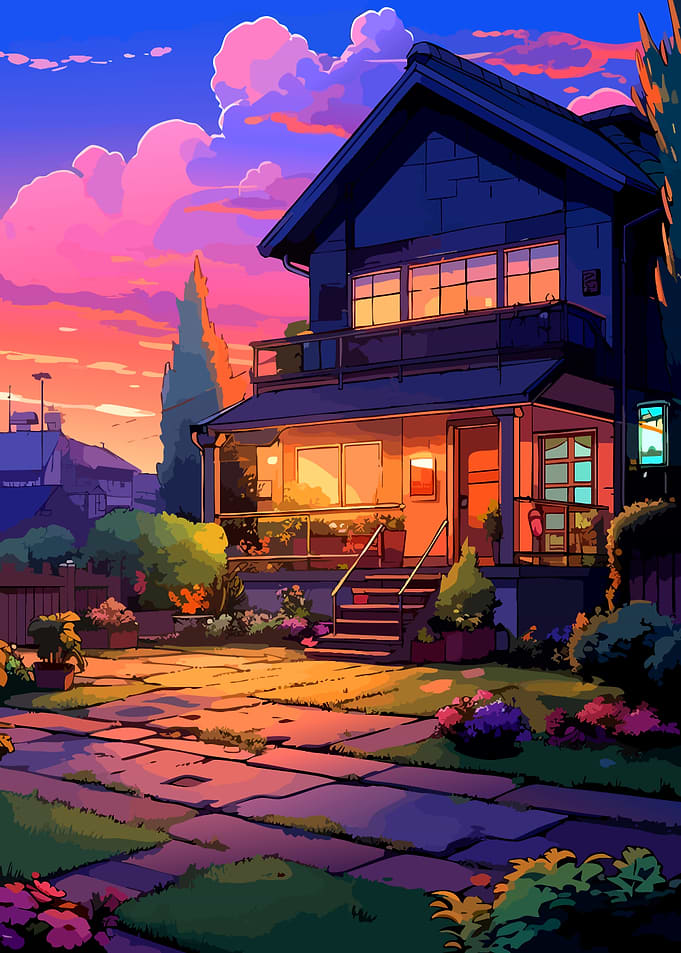 Cozy House at Sunset Anime Style