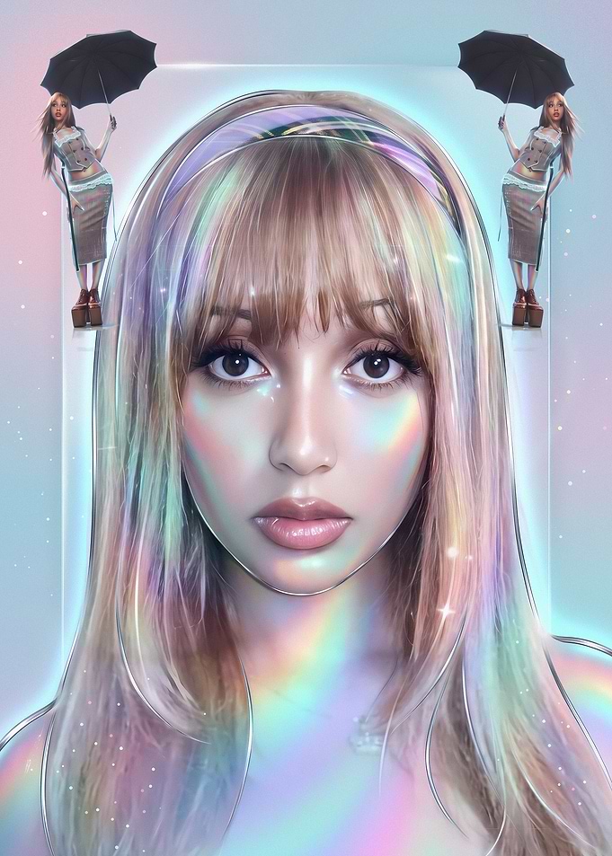 Ethereal Holographic Portrait with Miniatures of Pink Pantheress