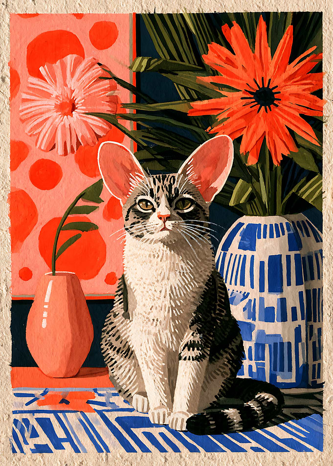Tabby Cat with Floral Still Life