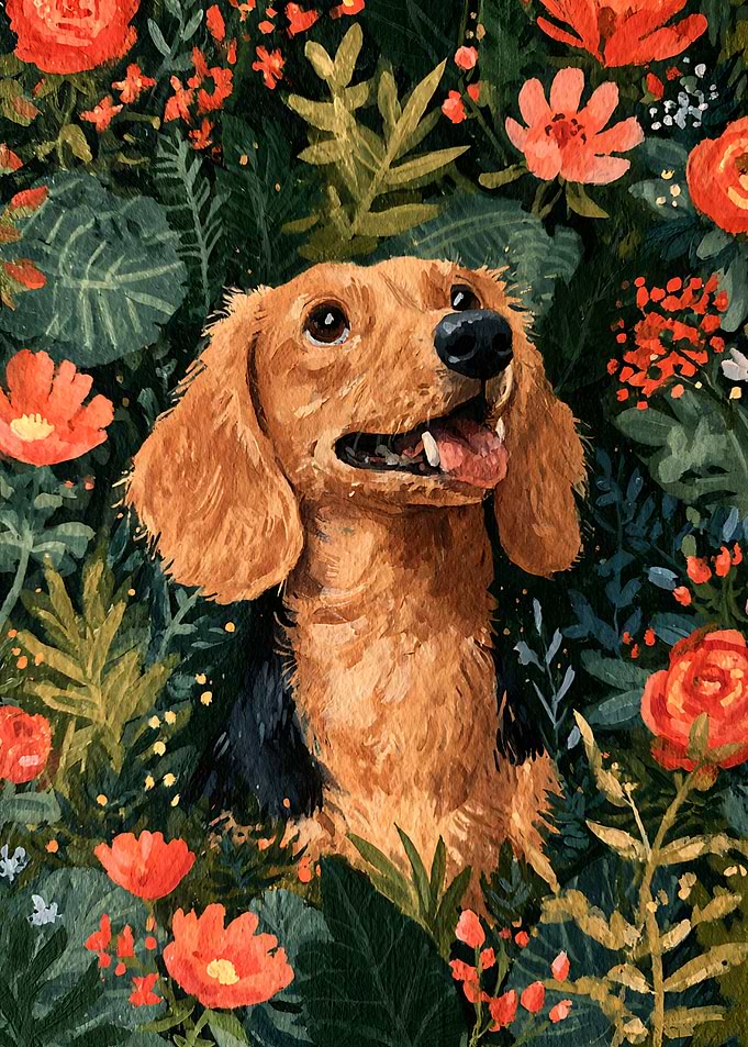 Dachshund Portrait in Floral Garden