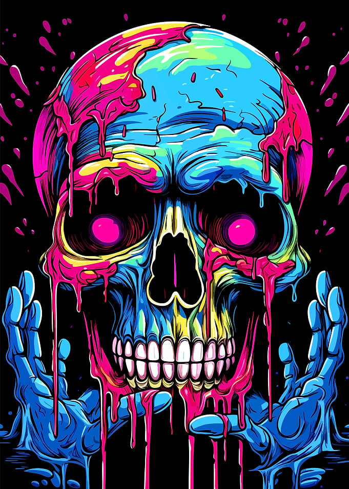 Neon Melting Skull Digital Art