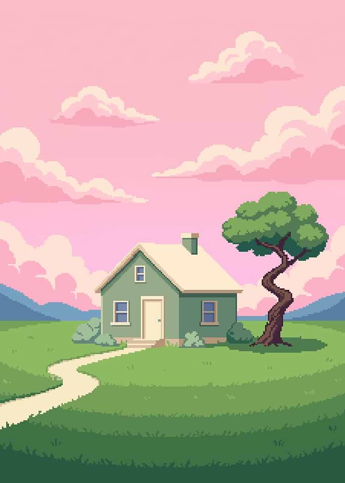 Pixel Art Cottage in Pink Sky