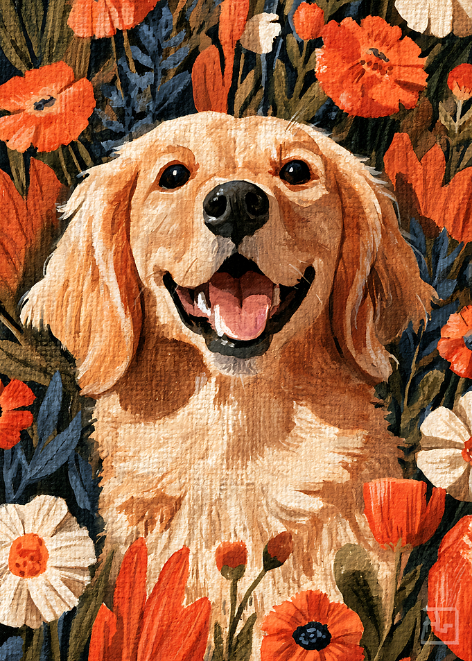 Happy Golden Retriever in Flower Field