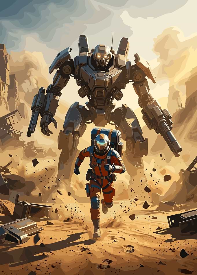 Astronaut Running from Giant Mech