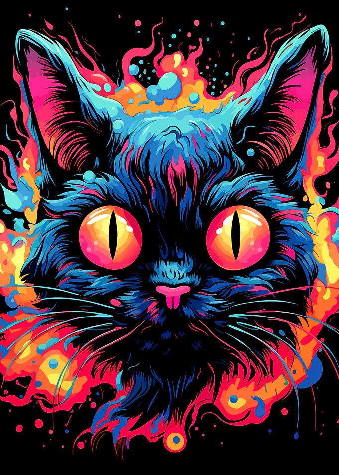 Neon Psychedelic Black Cat Portrait