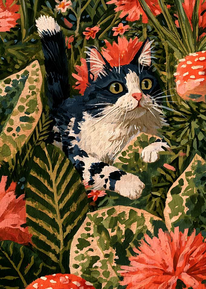 Black and White Cat in Flowers