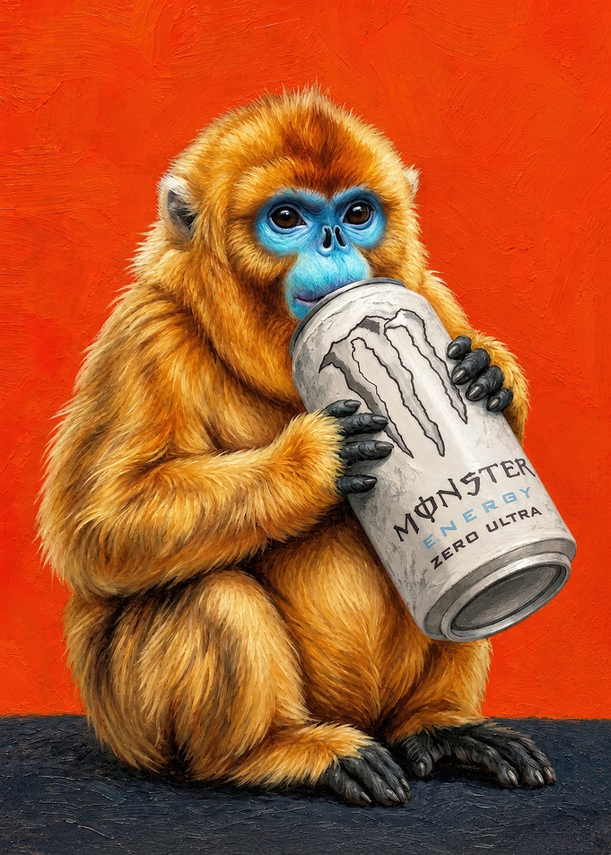 Golden Snub-Nosed Monkey Drinking Monster Energy