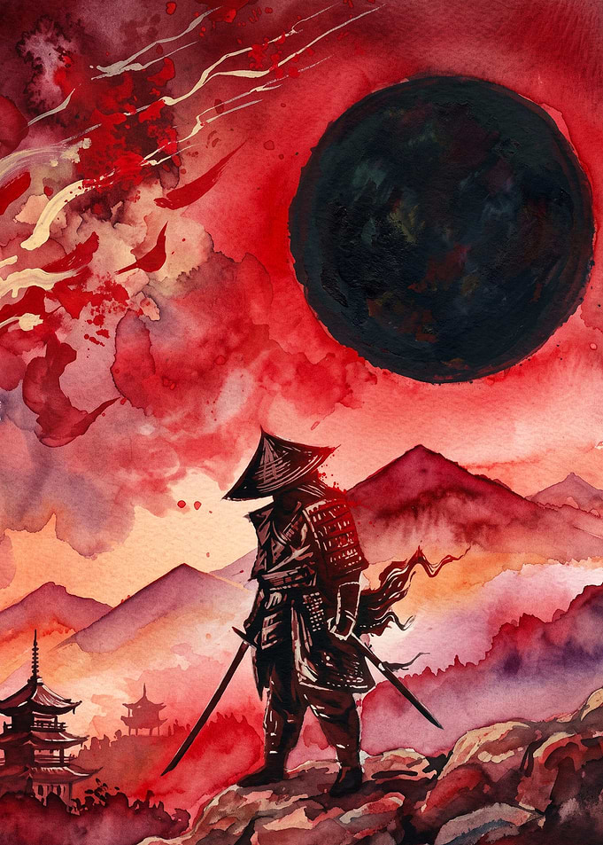 Samurai Red Moon Watercolor Art