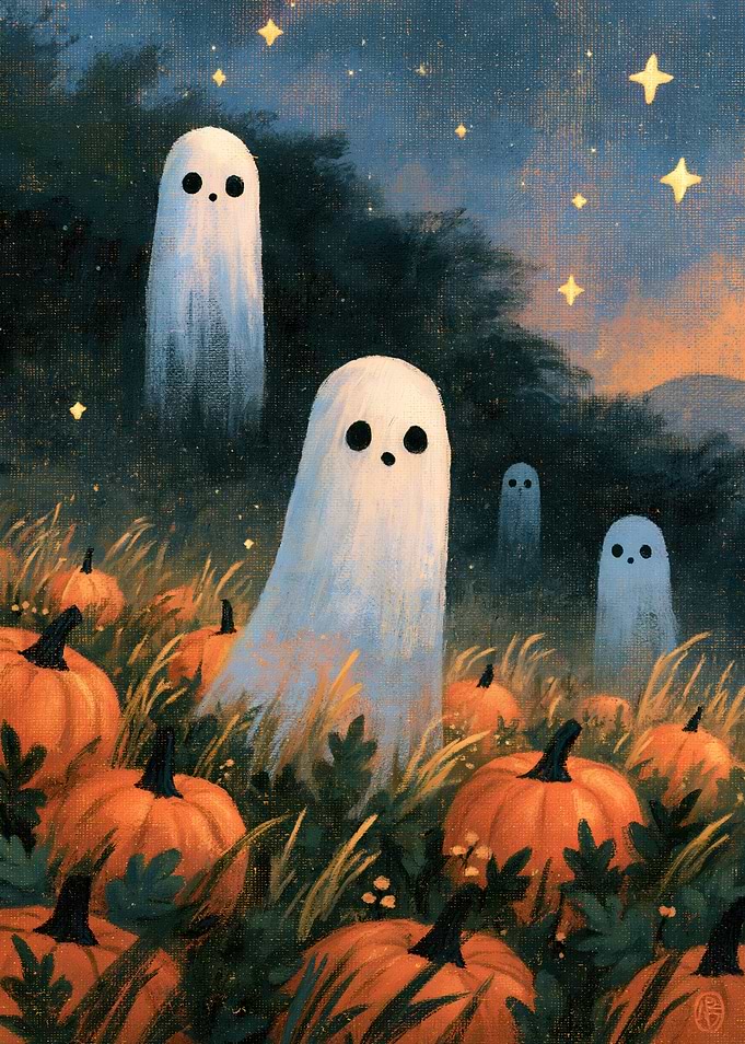 Cute Ghosts in a Pumpkin Patch