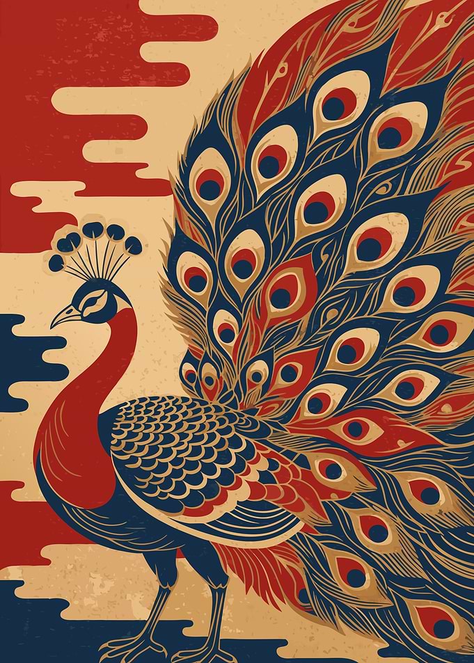 Ukiyo-e Peacock in Crimson and Indigo