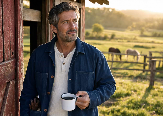 Man Drinking Coffee on Farm