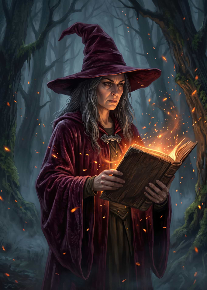 Witch Reading a Glowing Spellbook