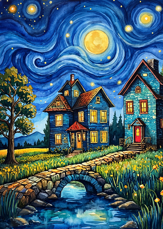 Starry Night Village Bridge Art
