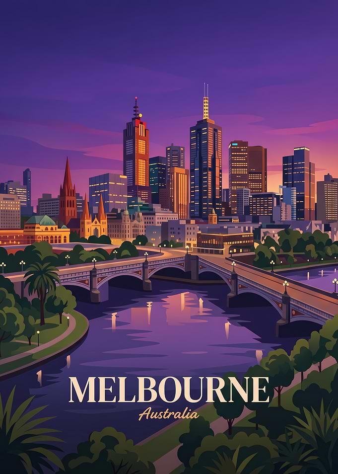 Melbourne Australia Cityscape Travel Poster