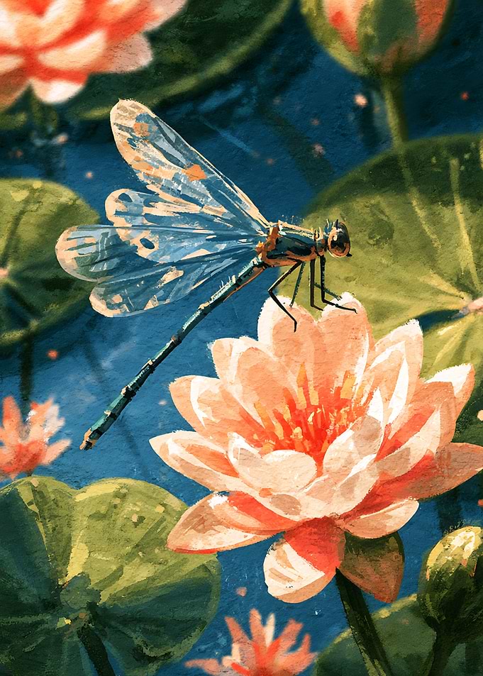 Dragonfly Resting on Water Lily