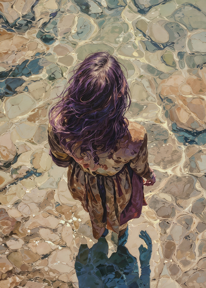 Purple Haired Woman Standing in Shallow Water
