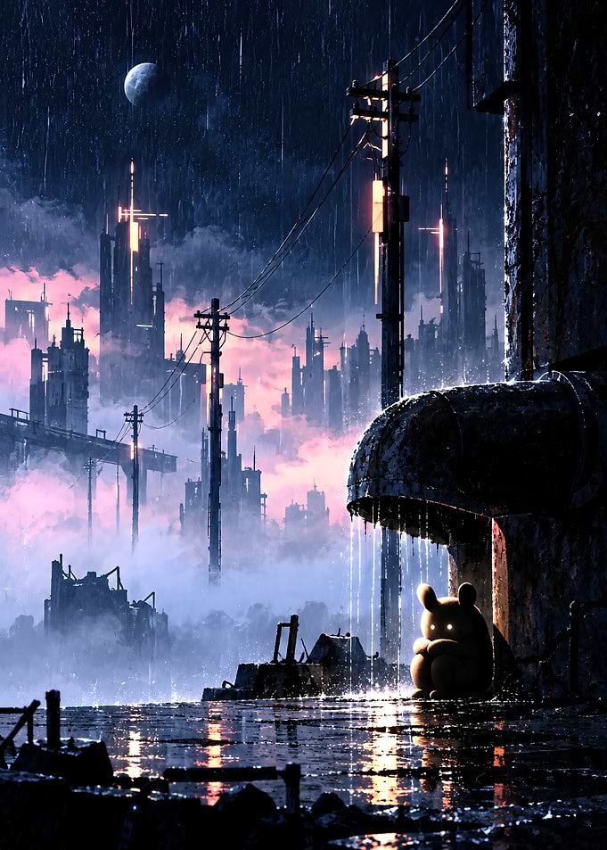Rain World Lonely Creature in Rainy Cyberpunk City