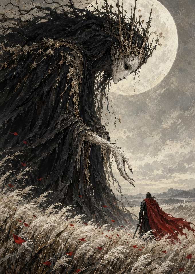Knight Facing a Giant Dark Goddess
