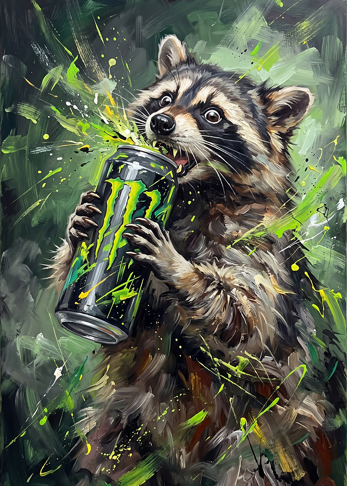 Raccoon Drinking Monster Energy Drink